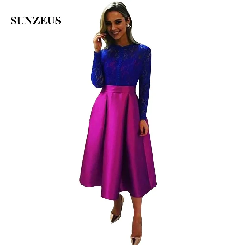 Royal Blue Lace Long Sleeves Evening Party Gowns Tea Length Fuchsia Satin Formal Dresses Women Elegant A-line Dress For Evening
Royal Blue Lace Long Sleeves Evening Party Gowns Tea Length Fuchsia Satin Formal Dresses Women Elegant A-line Dress For Evening
