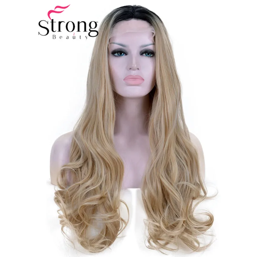 

Ombre Blonde Glueless Lace Front Wigs 2 Tone Color Black Roots Long Natural Wavy Heat Resistant Synthetic Lace Wig COLOUR CHOICE