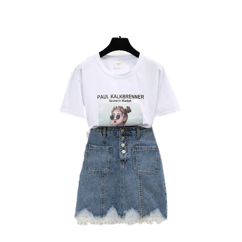 2021 Summer Fashion Women Short Sleeves O Neck Cotton T-shirt + Lace Patchwork Denim Skirts 2 pcs sets Casual Suits
2021 Summer Fashion Women Short Sleeves O Neck Cotton T-shirt + Lace Patchwork Denim Skirts 2 pcs sets Casual Suits