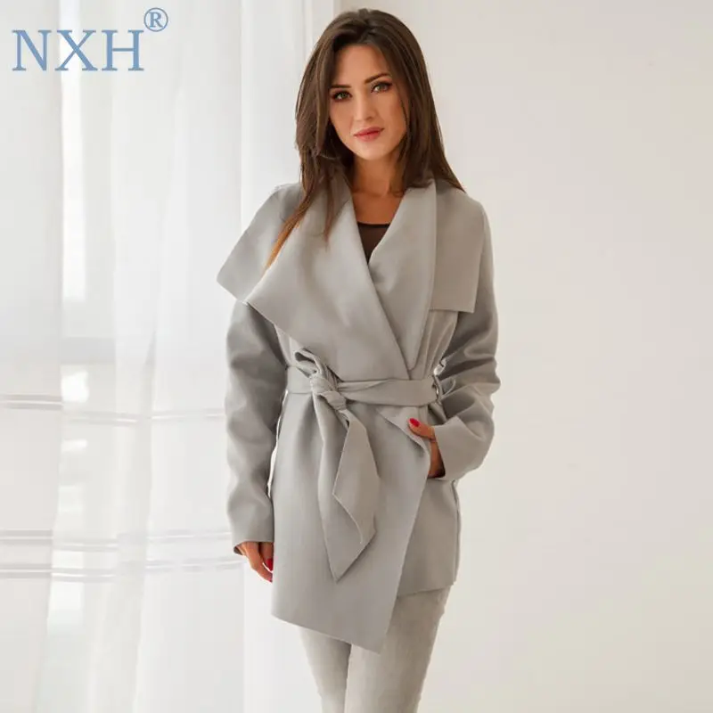NXH new fashion women mid-long coat ladies coats wool jacket Suede cape windbreak cashmere Belt trench | Женская одежда