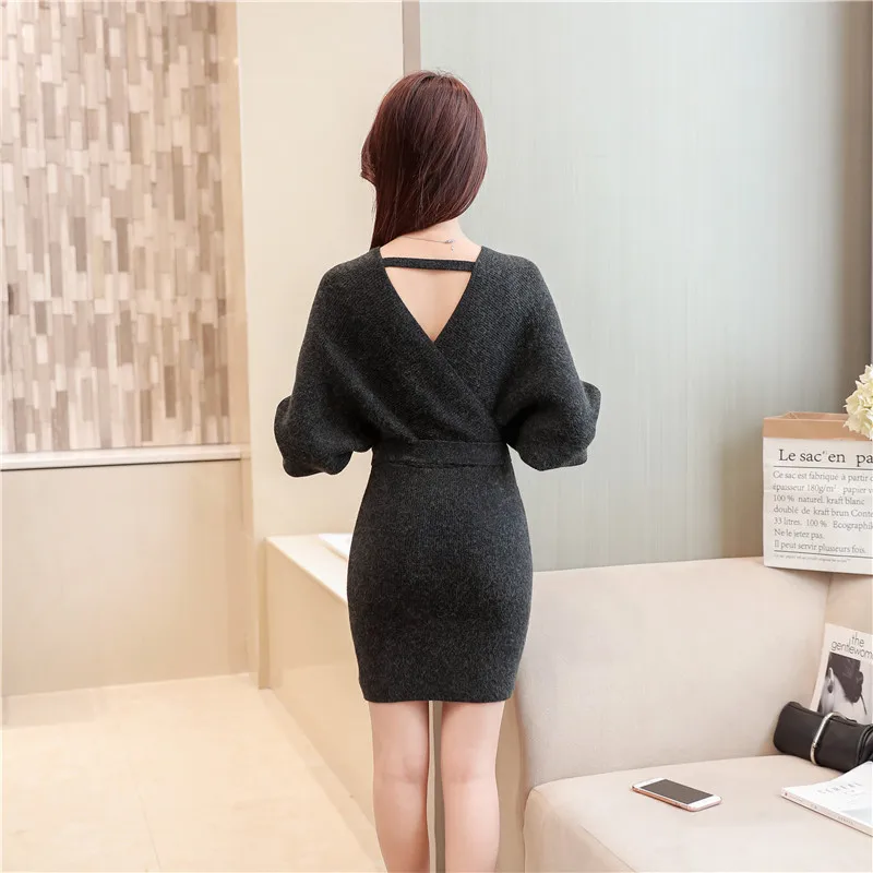 Autumn Winter New knitted Dress Womens large Size Fashion Sexy Sweater Solid V-neck Belt Bag Hip Mini Sweater Dress Female
Autumn Winter New knitted Dress Womens large Size Fashion Sexy Sweater Solid V-neck Belt Bag Hip Mini Sweater Dress Female