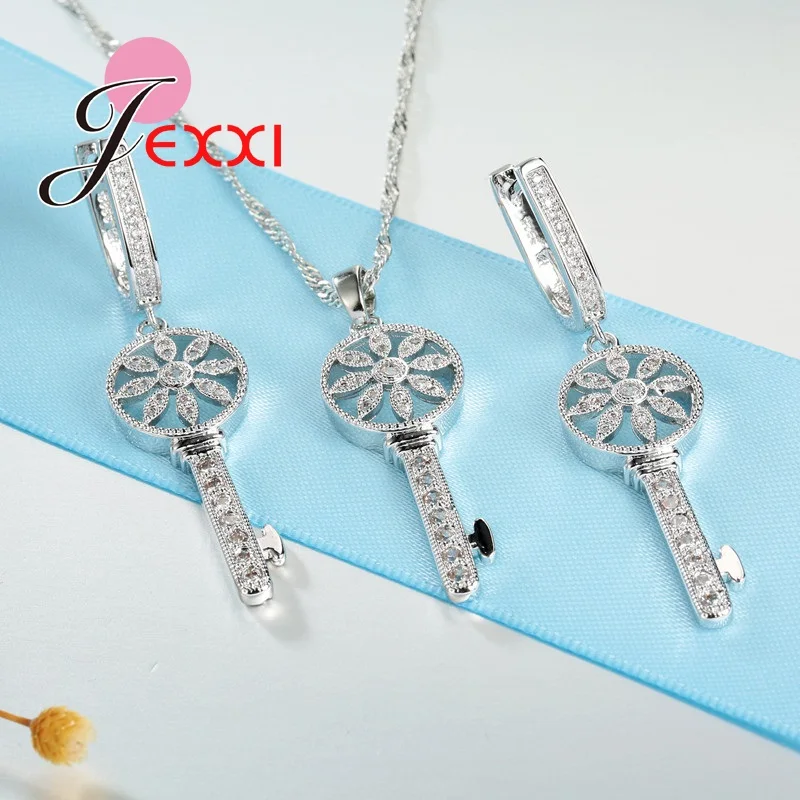 Elegant 925 Sterling Silver Hollow Flower Key Necklace + Earrings Fashion Women Cubic Zircon CZ Crystal Jewelry Set 
Elegant 925 Sterling Silver Hollow Flower Key Necklace + Earrings Fashion Women Cubic Zircon CZ Crystal Jewelry Set
