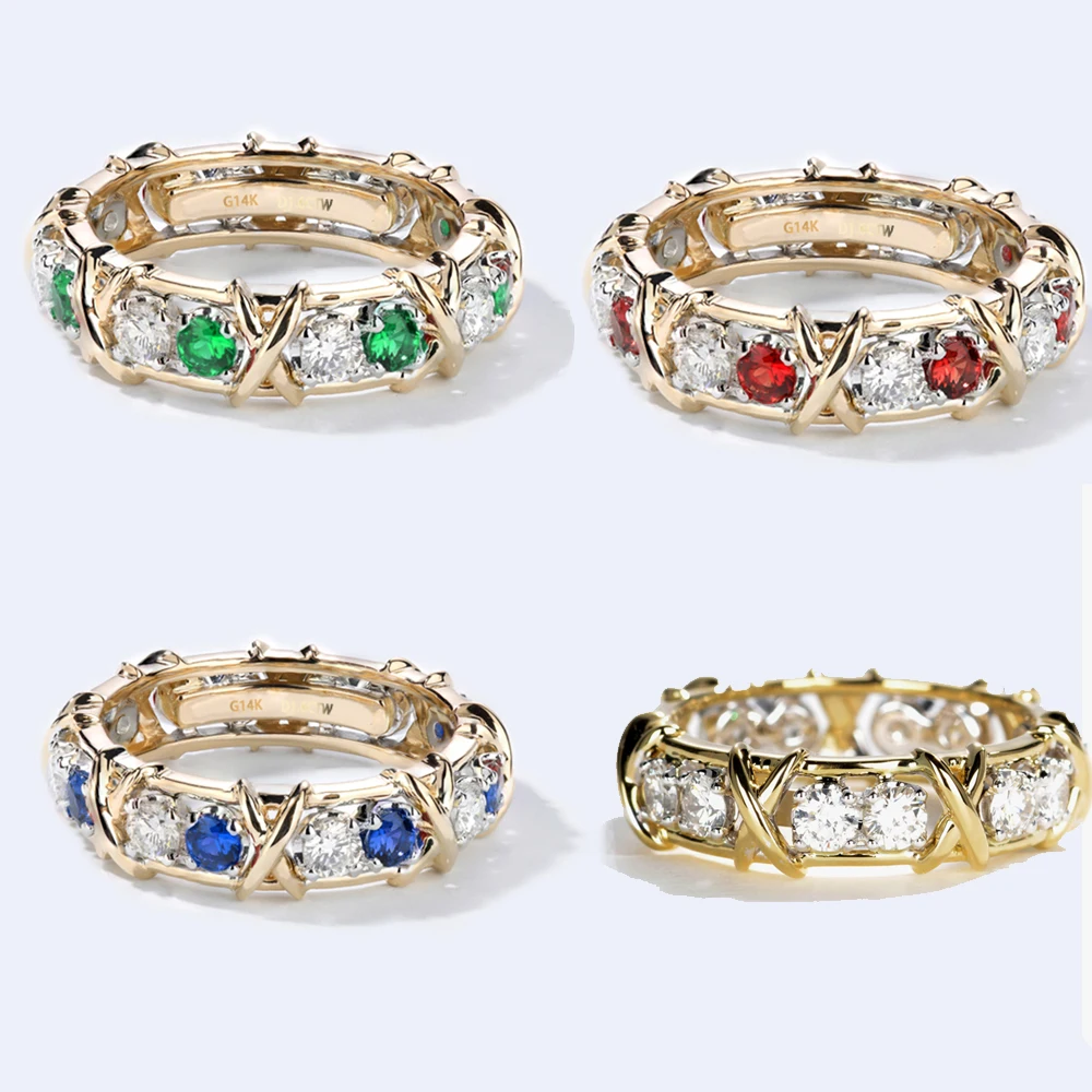 1 6 CTW карат Лаборатория Grown DF Moissanite Sapphire Ruby Eternity Band Solid 14K желтое золото Помолвочное