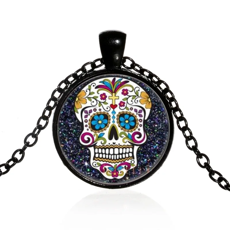 Mexican sugar skull pendant day of the dead necklace black chain sugar skeleton glass jewelry necklace classic XL152
Mexican sugar skull pendant day of the dead necklace black chain sugar skeleton glass jewelry necklace classic XL152