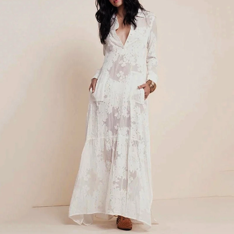 Women Lace White Chiffon Maxi Dress Spring Summer Lapel Deep V Neck Long Sleeve Beach Long Dress Blouse Shirt
Women Lace White Chiffon Maxi Dress Spring Summer Lapel Deep V Neck Long Sleeve Beach Long Dress Blouse Shirt