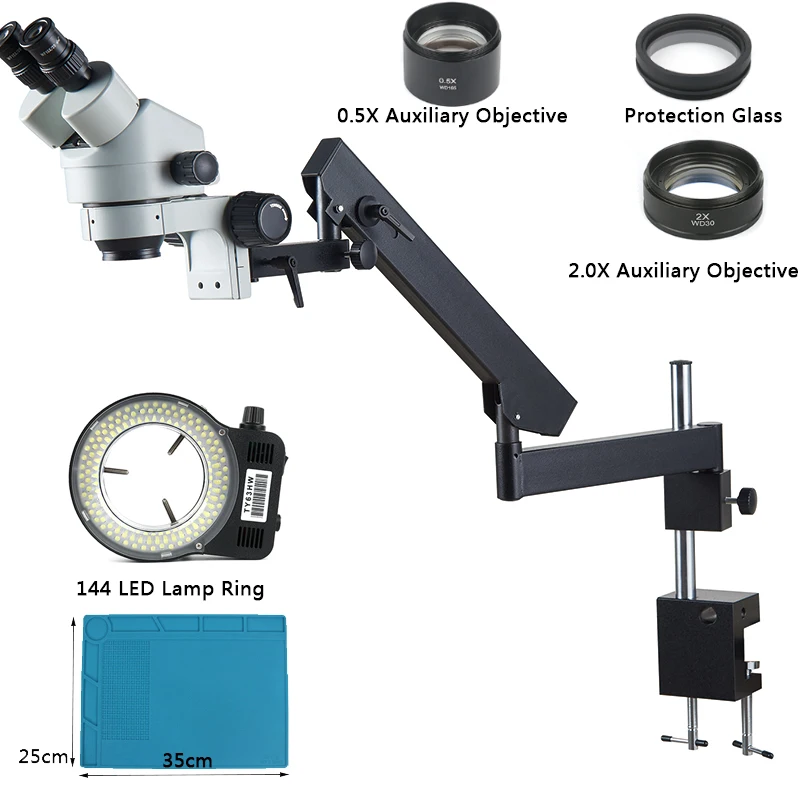 Simul-Focal 3.5X-90X Trinocular Stereo Microscope Articulating Arm Clamp Microscope 0.5X 2.0X Auxiliary Objective Lens 144 Light
Simul-Focal 3.5X-90X Trinocular Stereo Microscope Articulating Arm Clamp Microscope 0.5X 2.0X Auxiliary Objective Lens 144 Light