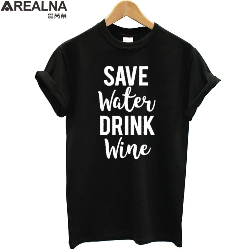 Женская футболка из натурального хлопка с принтом экономить воду пить вино