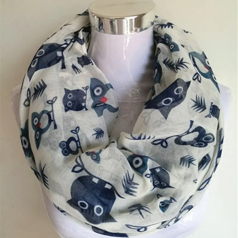 

Free Shipping New Fashion Cute Animal Black White Blue Cartoon Owl Print Infinity Scarf Snood Shawls ring scarf For women