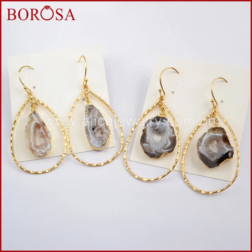

BOROSA 5Pairs Gold Color Agates Druzy Slice Teardrop Dangle Earring Natural Drusy Stone Charm Earrings Jewelry for Women G1581