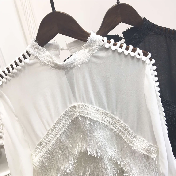 Women Tassel Chiffon Blouse Black White Round Collar Long Sleeve Jumper Korean Fashion Sexy Lady Mesh Hollow Out Blouses 
Women Tassel Chiffon Blouse Black White Round Collar Long Sleeve Jumper Korean Fashion Sexy Lady Mesh Hollow Out Blouses