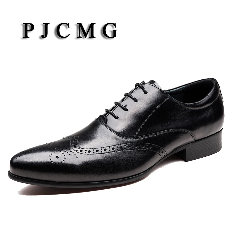

PJCMG Fashion Black/Wine Red Oxfords Mens Dress Lace-Up Pointed Toe Shoes Genuine Leather Formal Business Man Wedding Shoes