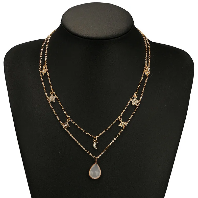 2018 Fashion Long Chain Bohemian Pentagram Moon Zircon Multilayer Necklace Colored Stone Summer Beach Women's Jewelry | Украшения и
