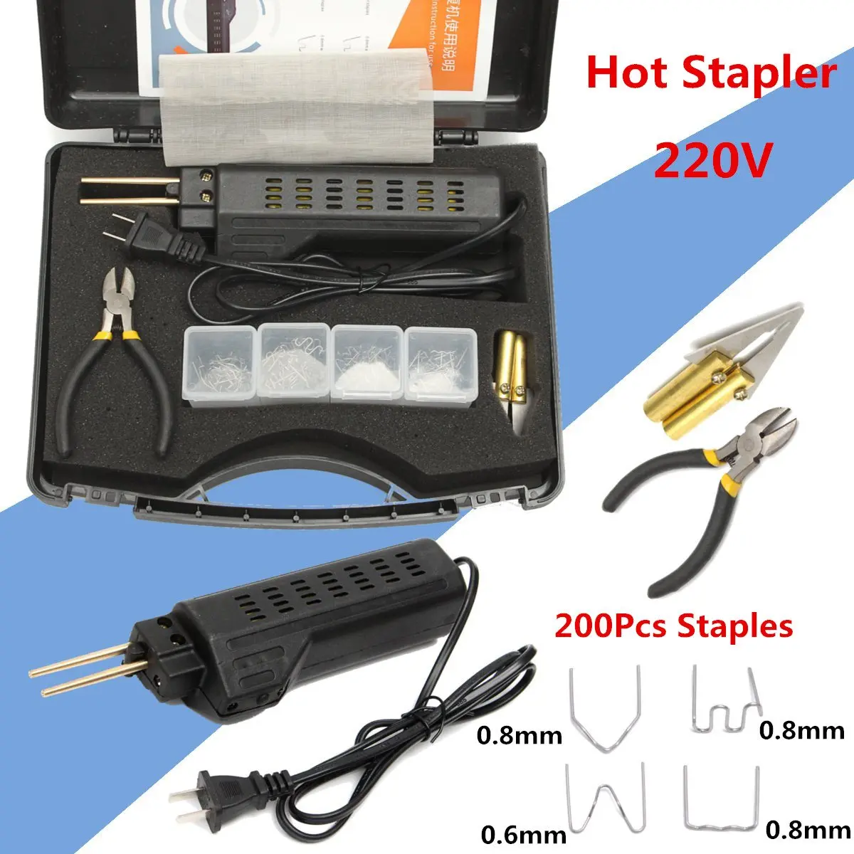1set 220-250V Hot Stapler Car Bumper Plastic Welding Torch Fairing Auto Body Tool Welder Machine 0.6/0.8mm + 200 Staples kit
1set 220-250V Hot Stapler Car Bumper Plastic Welding Torch Fairing Auto Body Tool Welder Machine 0.6/0.8mm + 200 Staples kit