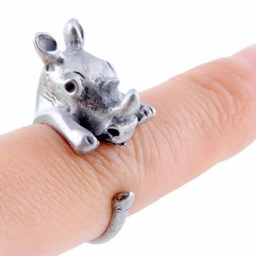 Antique silver Rhino ring 5pcs Adjustable size Animal Wrap Rings Unique wedding open pet fine Jewelry Wholesale | Украшения и