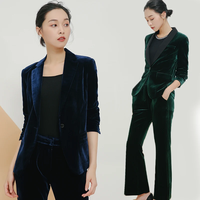Женский золотистый бархатный костюм высокого качества, Модный облегающий деловой костюм на весну и осень, Однотонный женский костюм из двух предметов TB1811 
Женский золотистый бархатный костюм высокого качества, Модный облегающий деловой костюм на весну и осень, Однотонный женский костюм из двух предметов TB1811