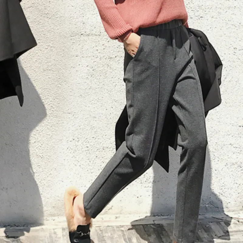 Фото Эластичная талия сплошной цвет длинные женские брюки Повседневная шерстяная