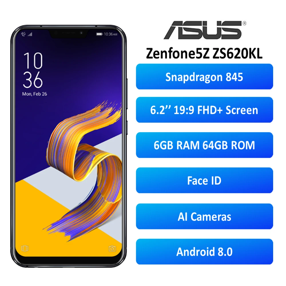 Глобальная версия смартфона ASUS ZenFone 5Z ZS620KL 6 2 дюйма Snapdragon 845 ГБ 64 Android 8 0 сканер лица