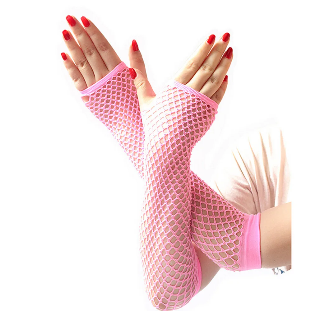 Перчатки женские длинные сетчатые с открытыми пальцами неоновые сексуальные