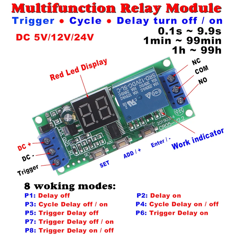 1PCS Multifunction Digital Time Infinite Delay Switch Timer Relay Module DC 5V / 12V / 24V
1PCS Multifunction Digital Time Infinite Delay Switch Timer Relay Module DC 5V / 12V / 24V