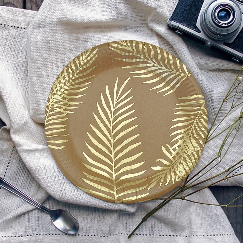 

8pcs Disposable Palm Leaf Kraft Gold Foil Paper Plates Cake Dish Tableware Dinner Sets Decoration Suppliers Eco-Friendly