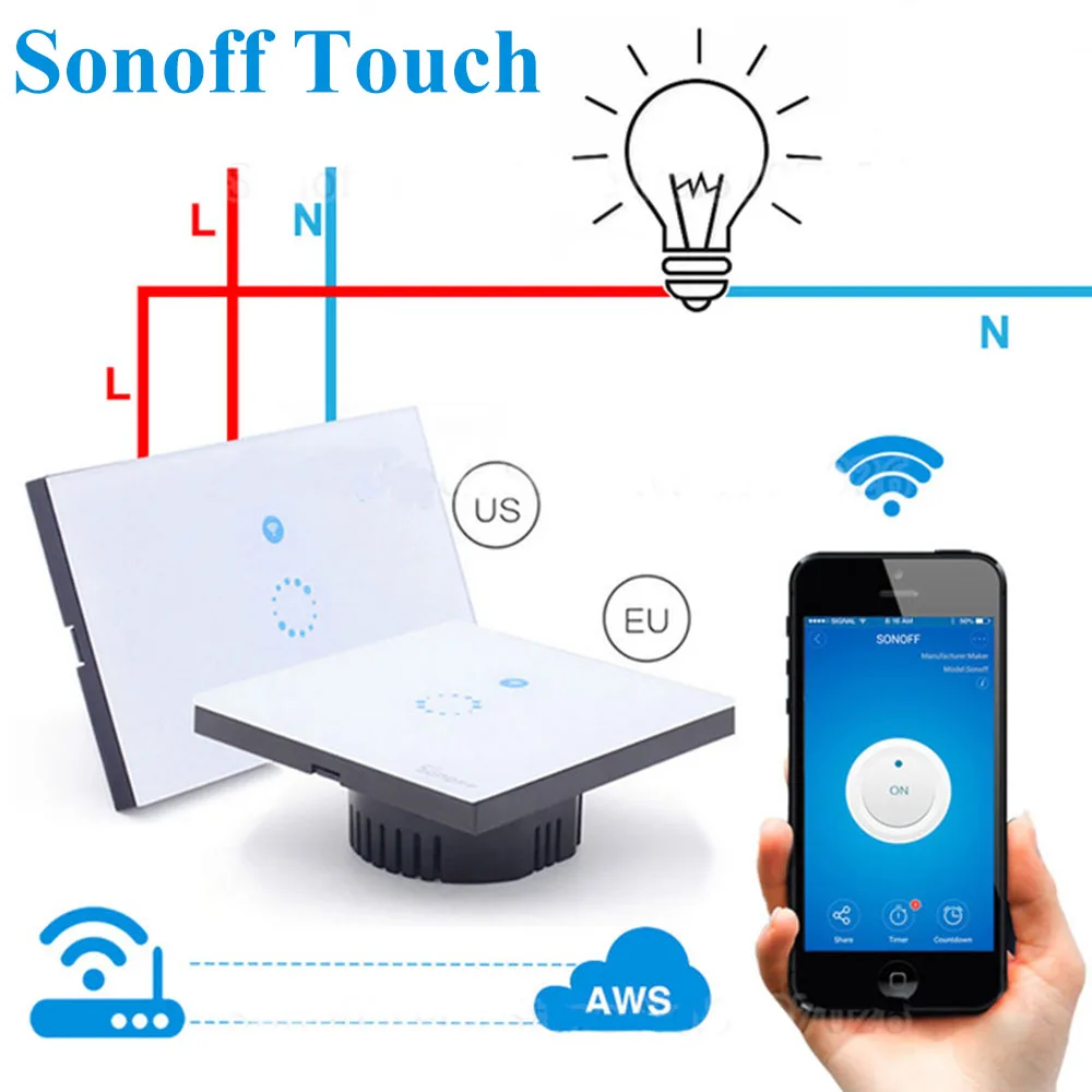 Sonoff Touch EU US Wifi настенный сенсорный выключатель 1 банда способ беспроводной пульт