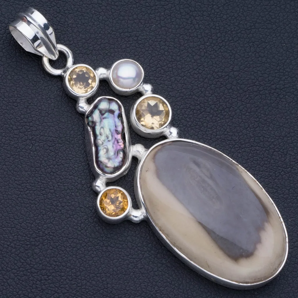 Natural Biwa Pearl,Jasper,Citrine and Jasper Punk Style 925 Sterling Silver Pendant 2 1/2" P0723
Natural Biwa Pearl,Jasper,Citrine and Jasper Punk Style 925 Sterling Silver Pendant 2 1/2" P0723