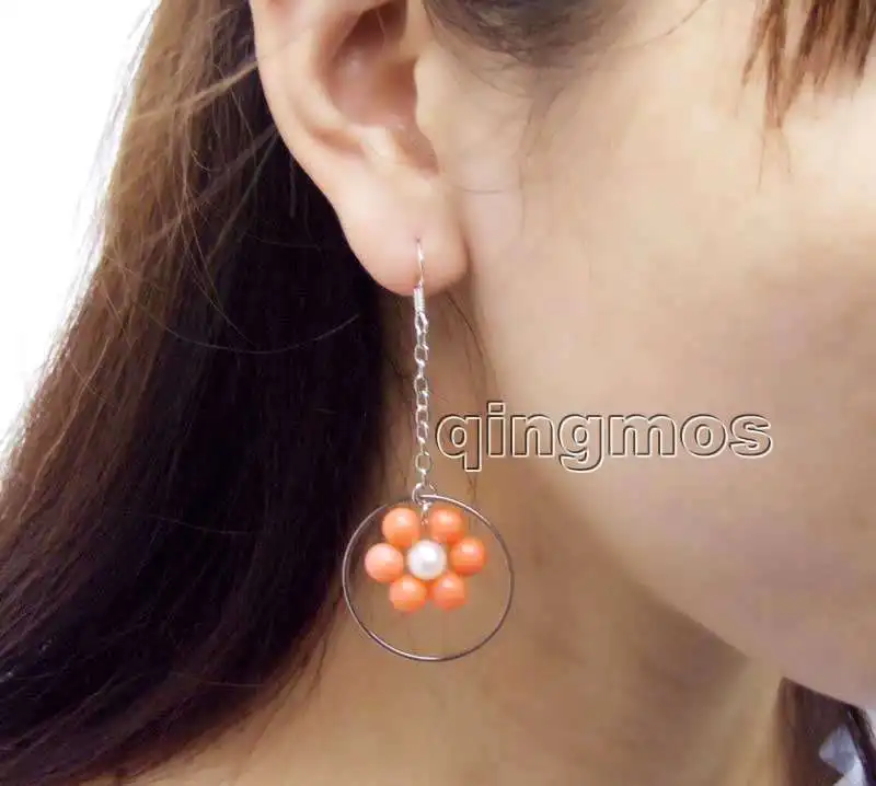 Fashion Natural Pink Coral and white pearl with 28mm metal Round Dangle 3'' Earring-ear610
Fashion Natural Pink Coral and white pearl with 28mm metal Round Dangle 3'' Earring-ear610