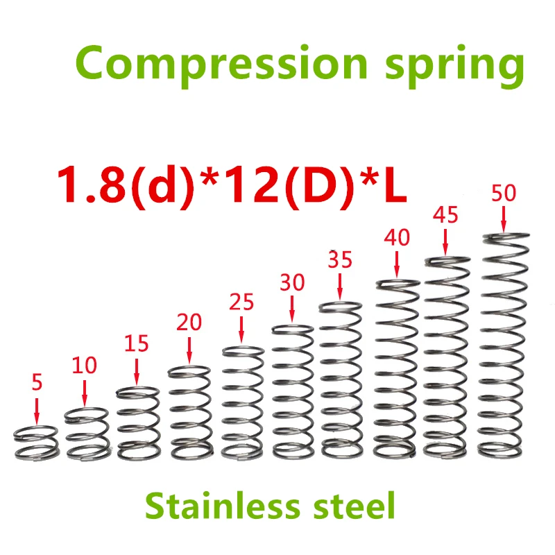 20pcs 1.8*12*(10/15/20/25/30/35/40/45/50) Stainless steel Series small spot spring wire compression pressure springs
20pcs 1.8*12*(10/15/20/25/30/35/40/45/50) Stainless steel Series small spot spring wire compression pressure springs