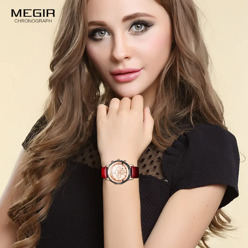 Женские кварцевые часы с хронографом Megir водонепроницаемые наручные красным
