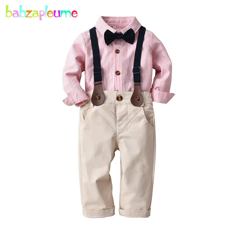 

1-4Years Spring Fall Fashion Kids Wear Boys Clothes Gentleman Baby Stripe T-shirt+Pants+Straps+Bow Children Clothing Sets BC1749