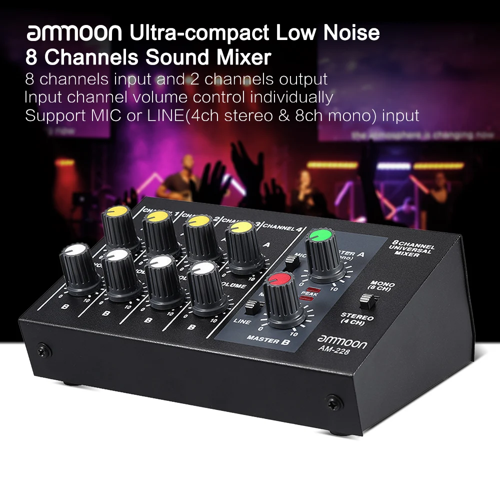 AM-228 Ultra-compact Low Noise 8 Channels Metal Mono Stereo Audio Sound Mixer with Power Adapter Cable
AM-228 Ultra-compact Low Noise 8 Channels Metal Mono Stereo Audio Sound Mixer with Power Adapter Cable