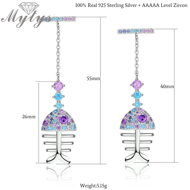 Mytys Real 925 Sterling Silver Earrings Summer Fashion High Quality Colorful Zircon Fish Bone Fine Jewelry Dangle Earrings CE407
Mytys Real 925 Sterling Silver Earrings Summer Fashion High Quality Colorful Zircon Fish Bone Fine Jewelry Dangle Earrings CE407