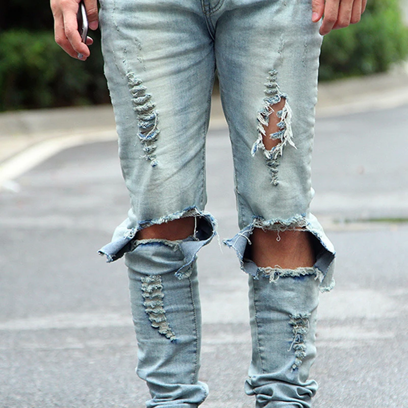 2017 Street style hip-hop High street slim hole washing jeans mens jeans pants skateboard tide male tide Free Shipping
