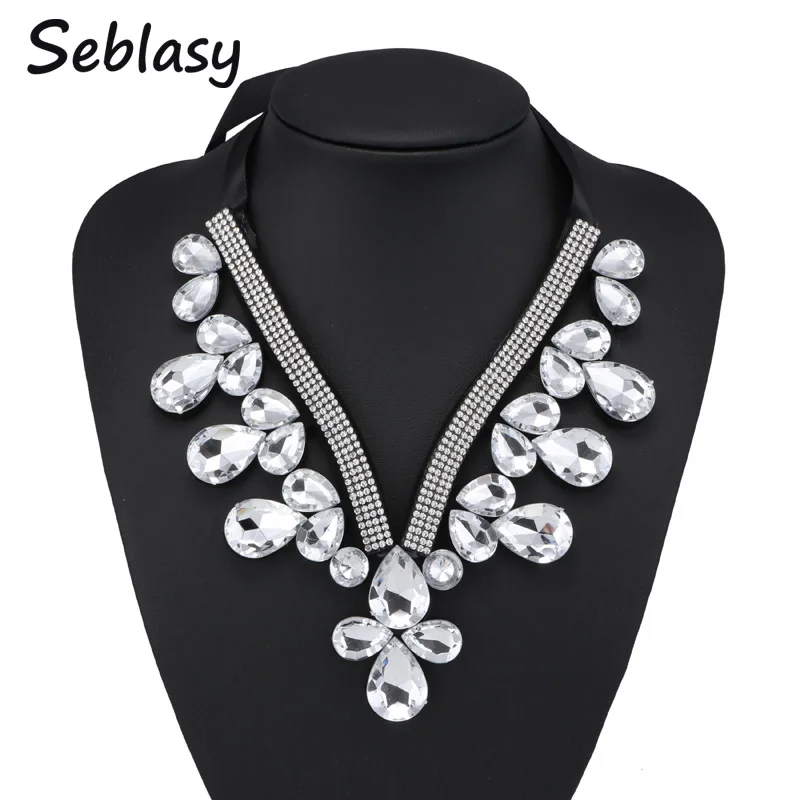

Seblasy Fancy Jewelry Long Black Ribbon Chain Shining Rhinestone Crystal Collar Necklaces Big Water Drop Choker Necklaces Women