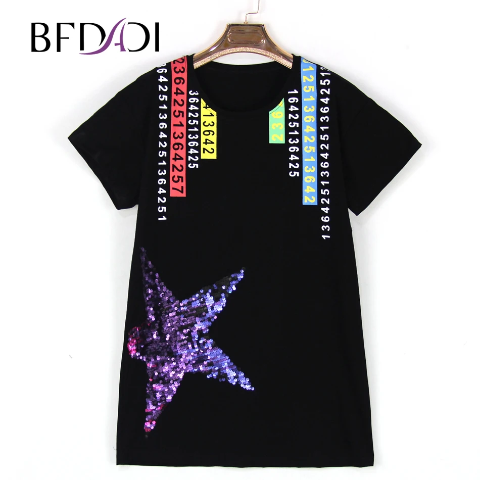BFDADI Women Sequins letter print Long Loose casual T shirts short sleeve tops summer O-neck tees Big size long tops 801
BFDADI Women Sequins letter print Long Loose casual T shirts short sleeve tops summer O-neck tees Big size long tops 801