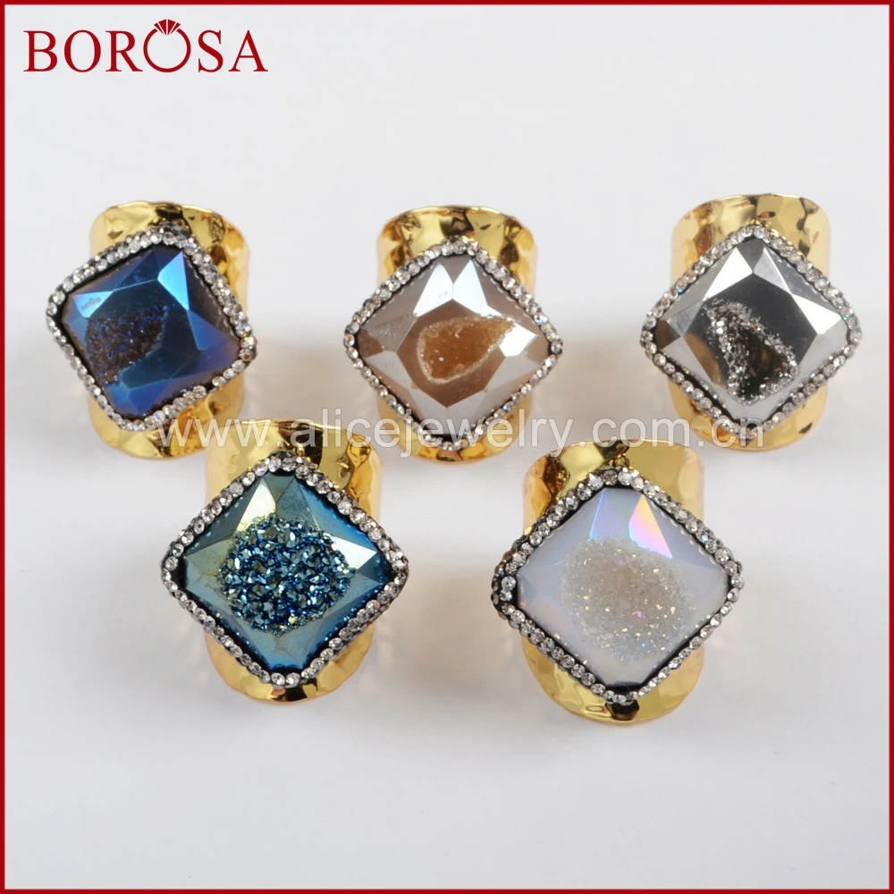 

BOROSA Druzy 25 X 25mm Rhinestone Pave Natural Druzy Geode Rhombus Shape Gold Band Ring,Fashion Rainbow Drusy Ring Gems JAB799