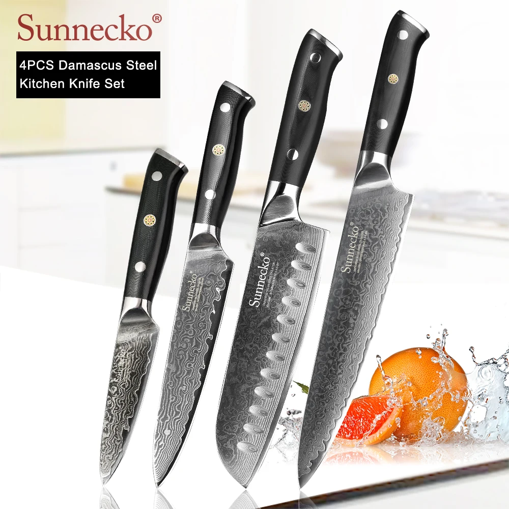 Нож шеф-повара SUNNECKO Damascus Santoku, японский нож шеф-повара VG10, острое лезвие с рукояткой G10, 4 шт., набор кухонных ножей
Нож шеф-повара SUNNECKO Damascus Santoku, японский нож шеф-повара VG10, острое лезвие с рукояткой G10, 4 шт., набор кухонных ножей