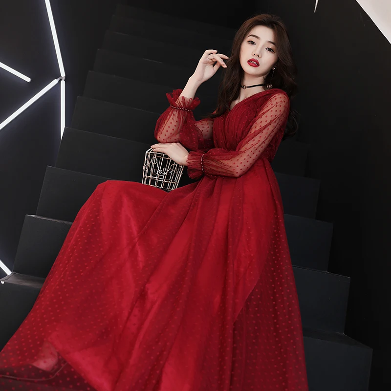 Wine Red Evening Dresses A-Line V Neck Long Sleeves Tulle Elegant Party Gowns Formal Prom Dress Evening Gowns Robe De Soiree
Wine Red Evening Dresses A-Line V Neck Long Sleeves Tulle Elegant Party Gowns Formal Prom Dress Evening Gowns Robe De Soiree