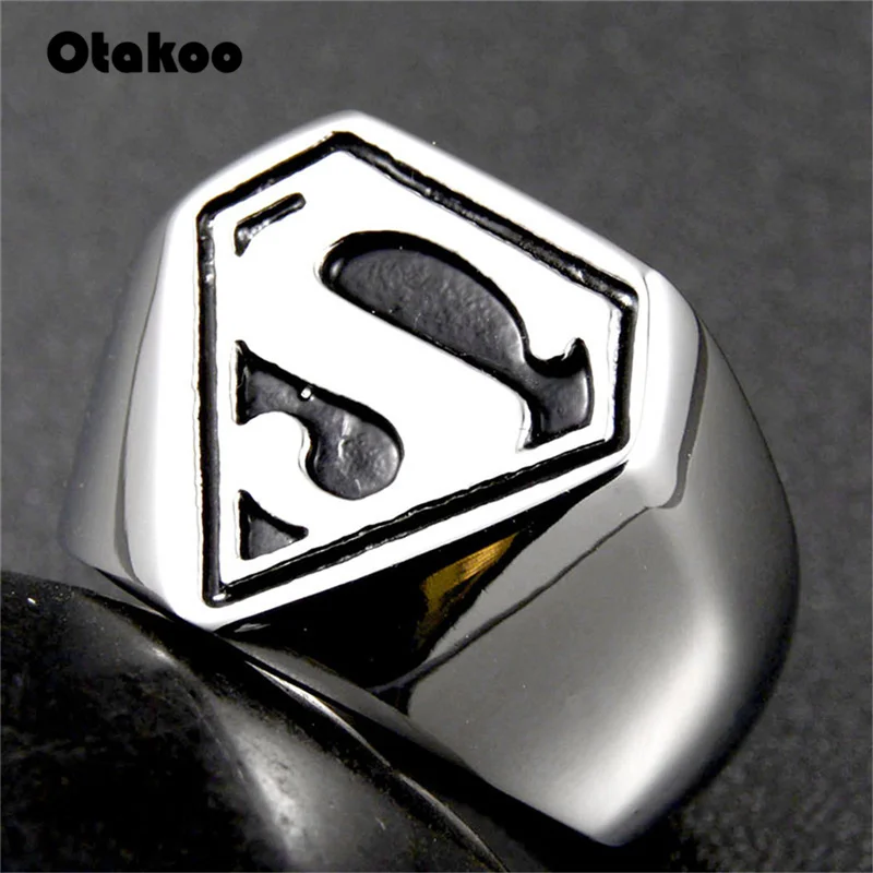 Otakoo silver black-color Men Ring Fashion Cool Punk Motor Biker Superman Rings Stainless steel Batman Band Christmas party gift | Украшения