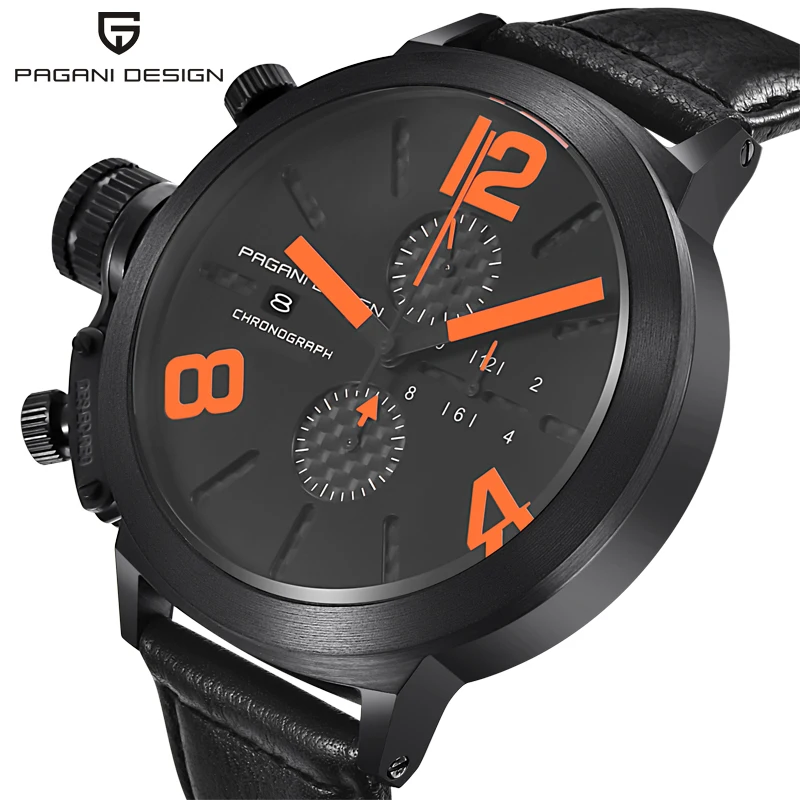 PAGANI DESIGN Big Dial Stainless Steel Men Watch Classico 53 Chrono Sports Quartz Clock Man Leather Military Wrist Watches | Наручные