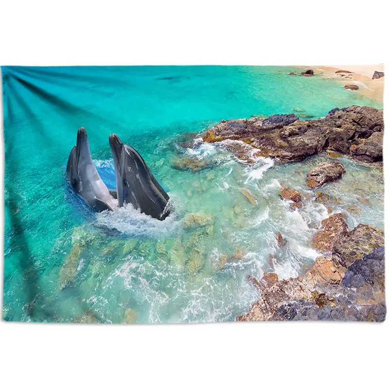 Sea Ocean Dolphin Tapestry Beach Scenery Mandala Wall Hanging Hippie Tapestry Psychedelic Decorative Wall Tapestries Wall Cloth