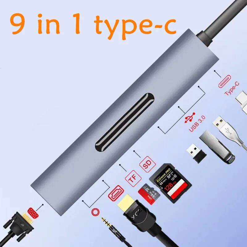 9 in 1 Hub 3.0 USB Type C to PD HDMI-Compatible Adapter TF SD card reader Band Type C to Audio VGA Extension Dock
9 in 1 Hub 3.0 USB Type C to PD HDMI-Compatible Adapter TF SD card reader Band Type C to Audio VGA Extension Dock