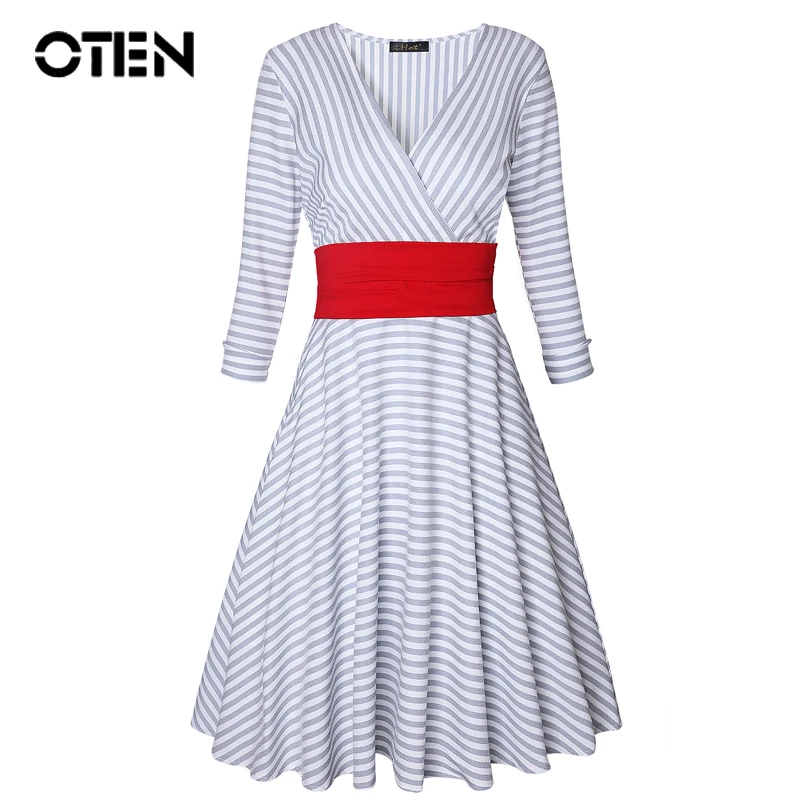 OTEN 2018 Women spring Fashion 3/4 sleeve Sexy Deep V Neck Striped Printed Elegant ladies Casual Party Knee Length Vintage dress
OTEN 2018 Women spring Fashion 3/4 sleeve Sexy Deep V Neck Striped Printed Elegant ladies Casual Party Knee Length Vintage dress
