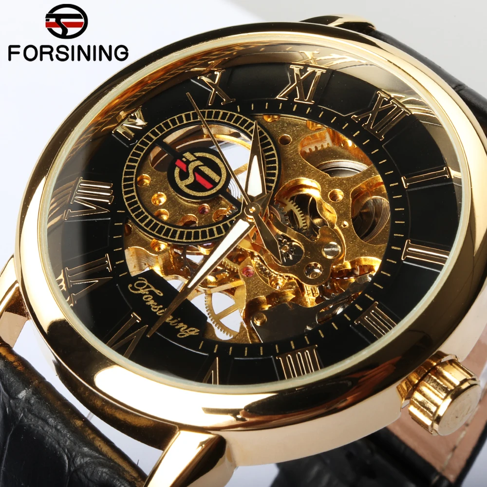 Мужские механические часы FORSINING с 3D логотипом гравировкой черным и золотым