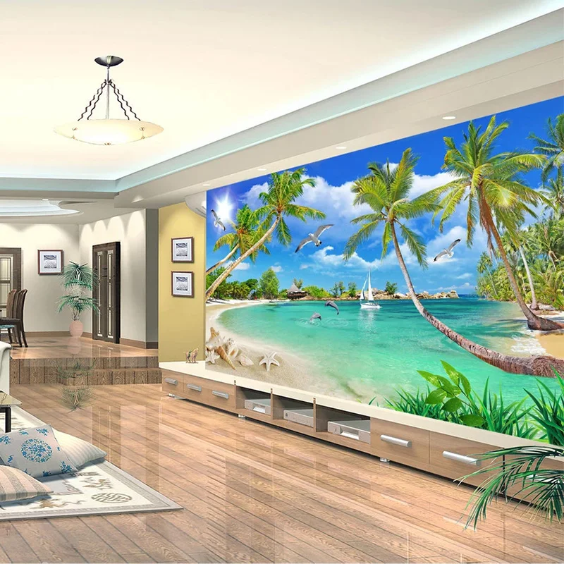 Обои 3D Современные Простые с кокосовым деревом морским пейзажем фрески для