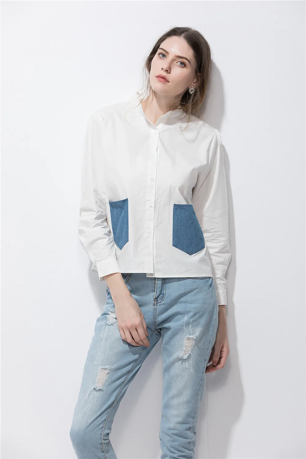 Stand Collar White Shirts Women 2018 Autumn Summer Casual Shirt Blouse Denim Fake pocket Patchwork Long Sleeve Shirts Women Tops
Stand Collar White Shirts Women 2018 Autumn Summer Casual Shirt Blouse Denim Fake pocket Patchwork Long Sleeve Shirts Women Tops