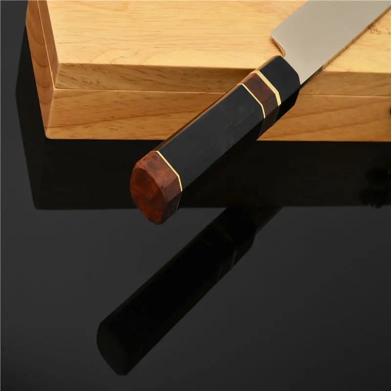 10.5 inch Sushi Sashimi Knife Damascus patterned Blade Core VG10 Crafted Wasabi Sakaicity Knife Great Edge Retention 2.2.2.G 
10.5 inch Sushi Sashimi Knife Damascus patterned Blade Core VG10 Crafted Wasabi Sakaicity Knife Great Edge Retention 2.2.2.G