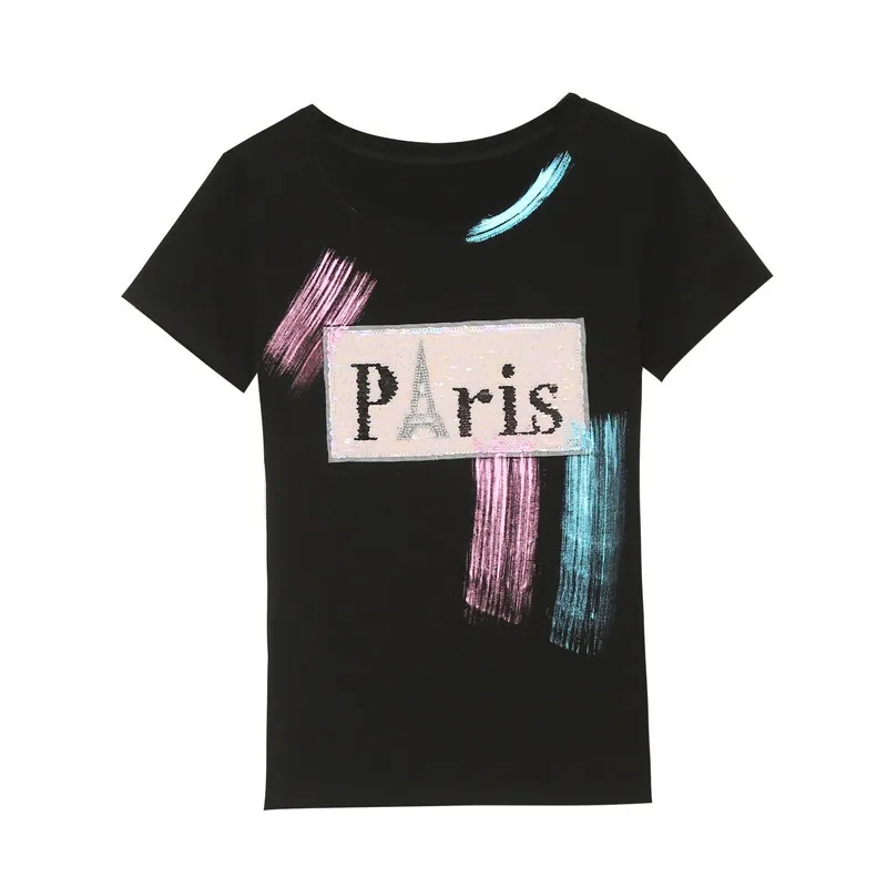 European station short-sleeved black tshirt graffiti hot stamping t-shirt female 2019 fashion summer cotton sequins top 19202
European station short-sleeved black tshirt graffiti hot stamping t-shirt female 2019 fashion summer cotton sequins top 19202