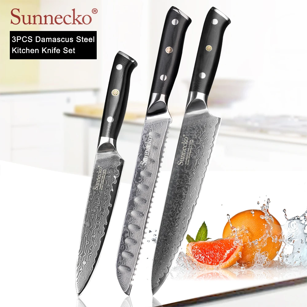 SUNNECKO Damascus Chef Utility Bread Knife Japanese VG10 Steel G10 Handle Sharp 3PCS Kitchen Knives Set Meat Fruit Cutter Tools
SUNNECKO Damascus Chef Utility Bread Knife Japanese VG10 Steel G10 Handle Sharp 3PCS Kitchen Knives Set Meat Fruit Cutter Tools