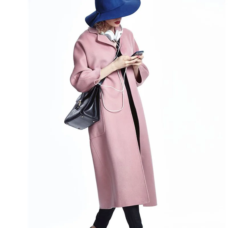 Женское длинное кашемировое пальто розовое шерстяное в европейском стиле с